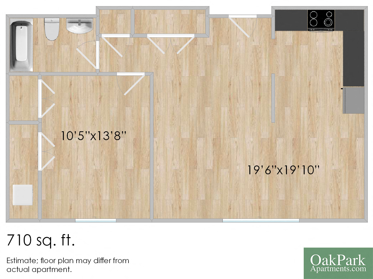 Floor plan for 1 bed, 1 bath, 710 sqft